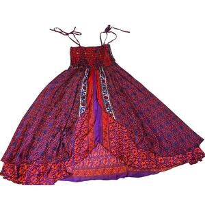 WEVEZ Boho Floral Red Print Smocked Top Spaghetti Strap Silk Midi Sun Dress Med